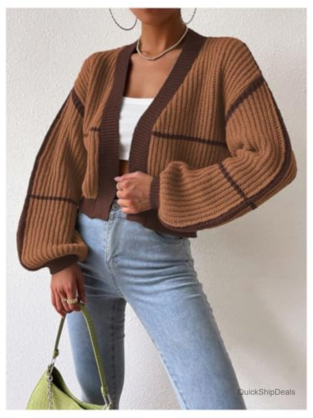 Color Block Crop Cardigan Bishop Long Sleeve Open Front Sweater - Picture 5 of 7